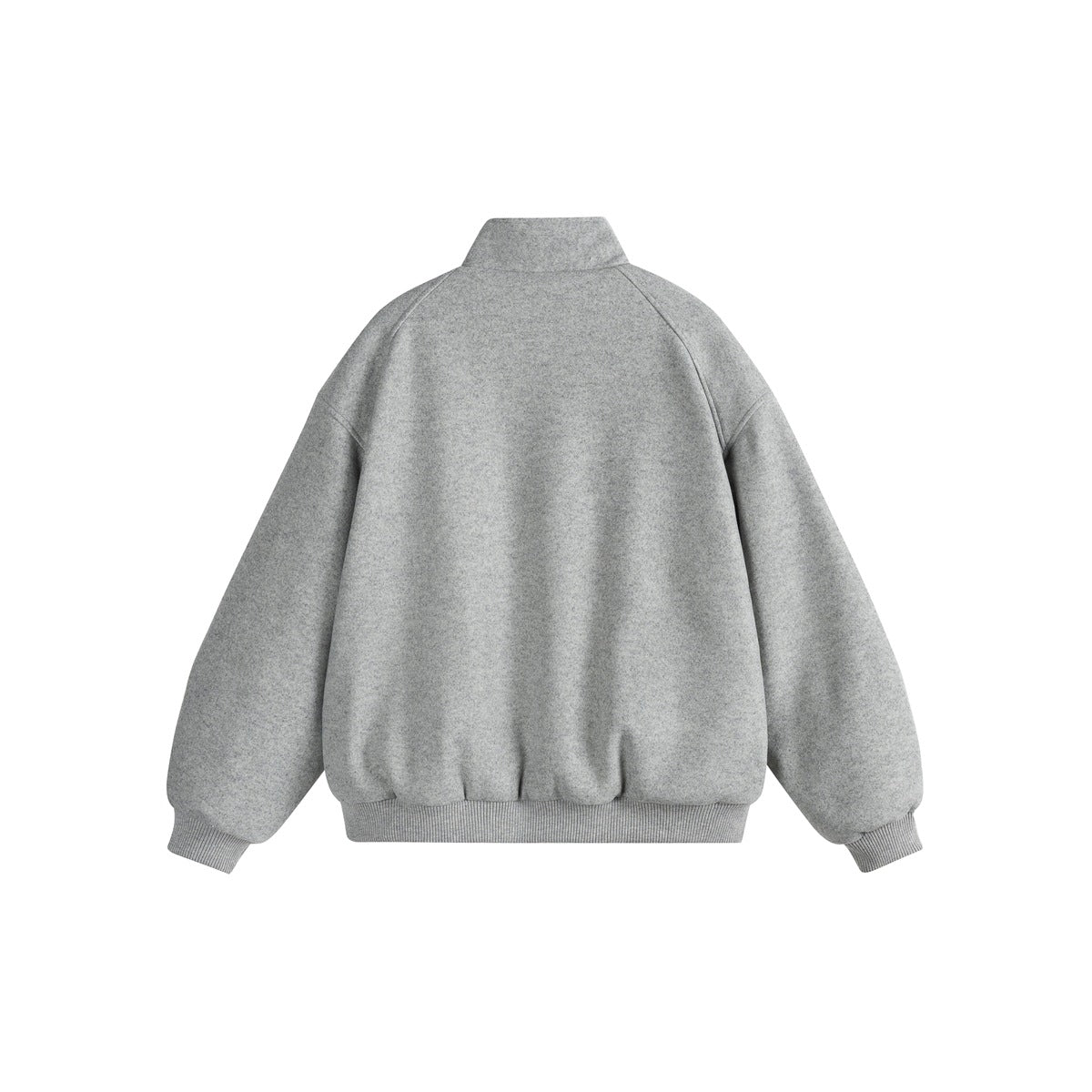 Back view of a light gray jacket with a stand collar, raglan sleeves, and ribbed cuffs and hem.