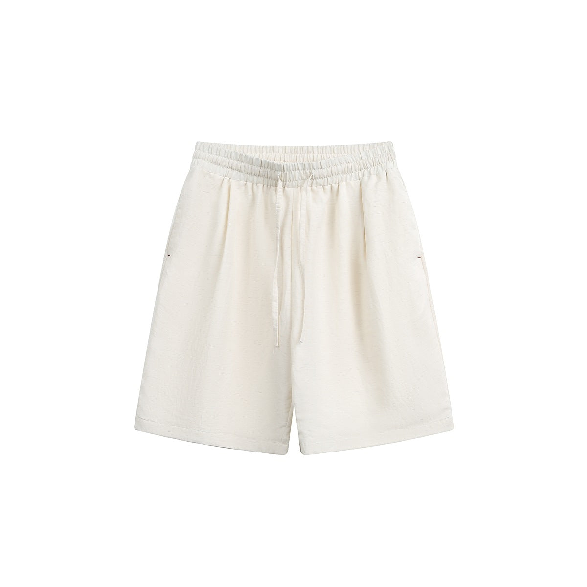 Beige knee-length shorts with an elastic drawstring waistband and front pleats, shown flat on a white background