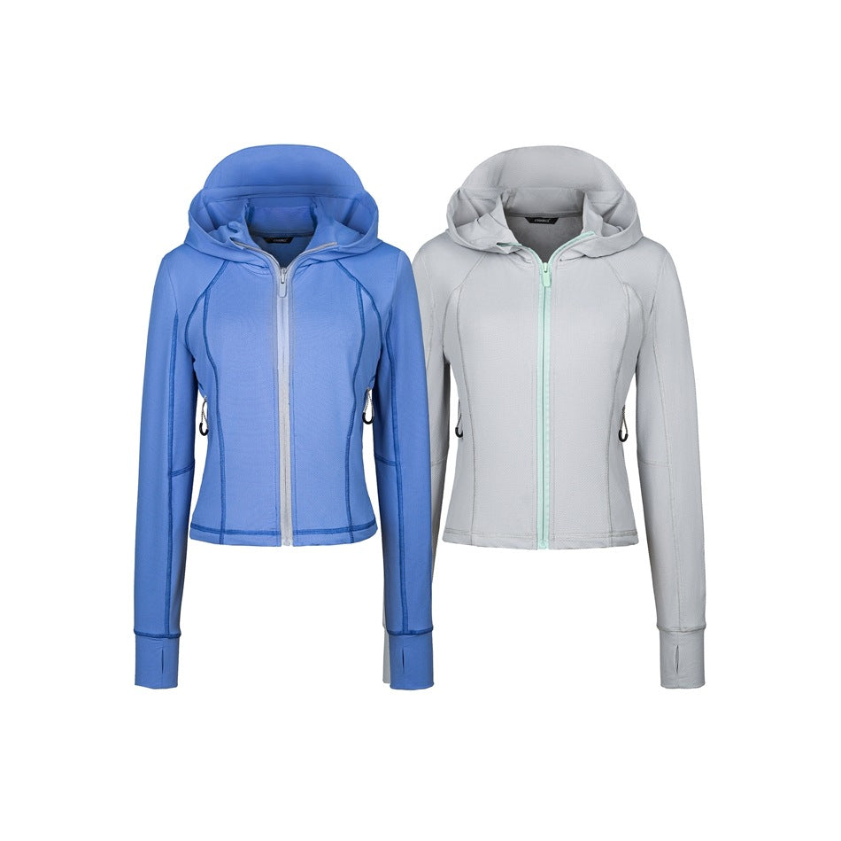 Front view of blue and light gray hooded zip-up jackets shown together.