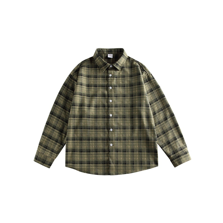 Front view of an olive and dark plaid long-sleeve button-up shirt on a white background.