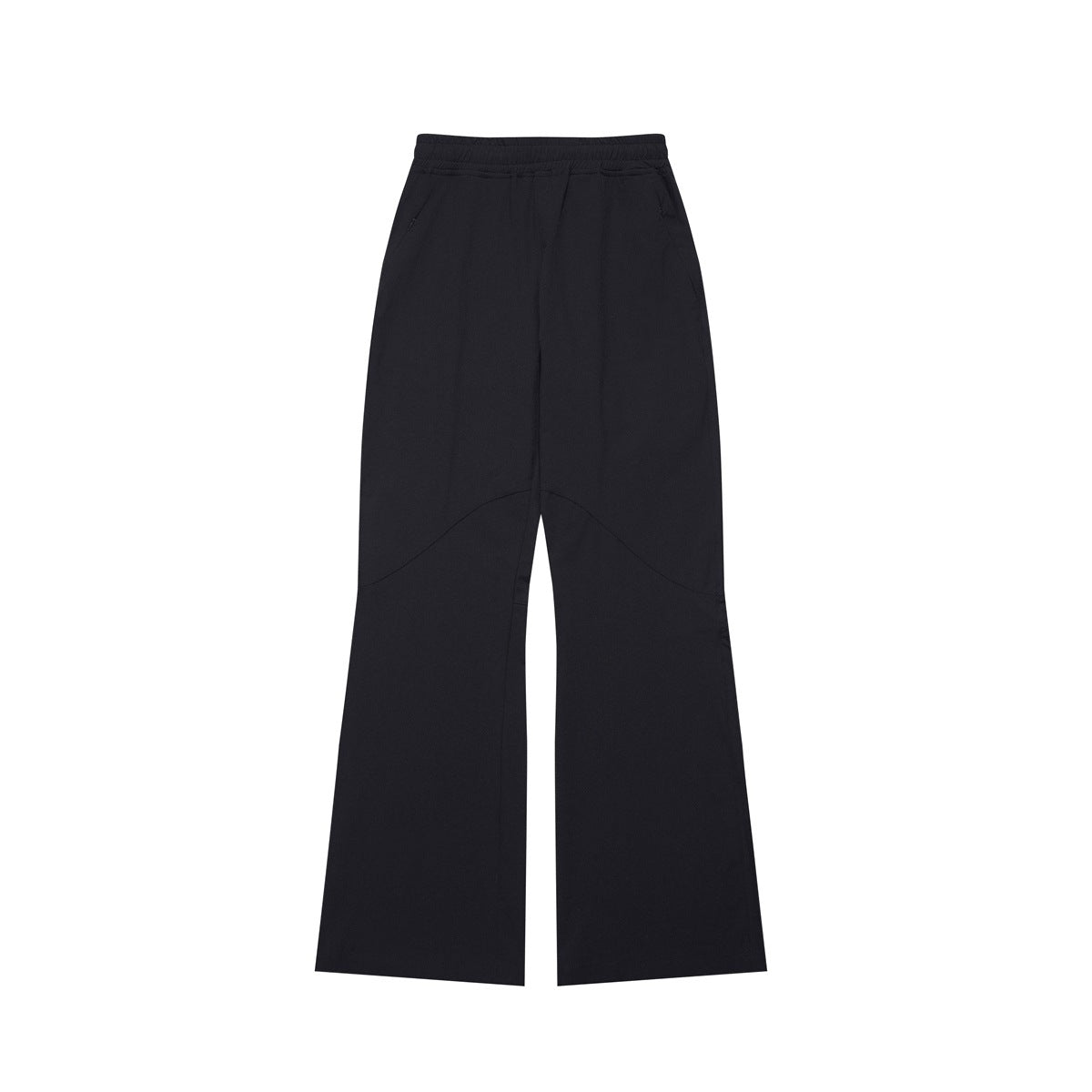 Black flared elastic-waist pants flat lay with side pockets and curved knee seam