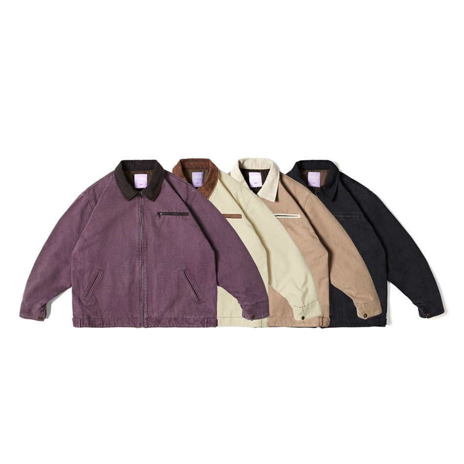 Four collared zip-front jackets shown from the front in plum, cream, tan, and black.