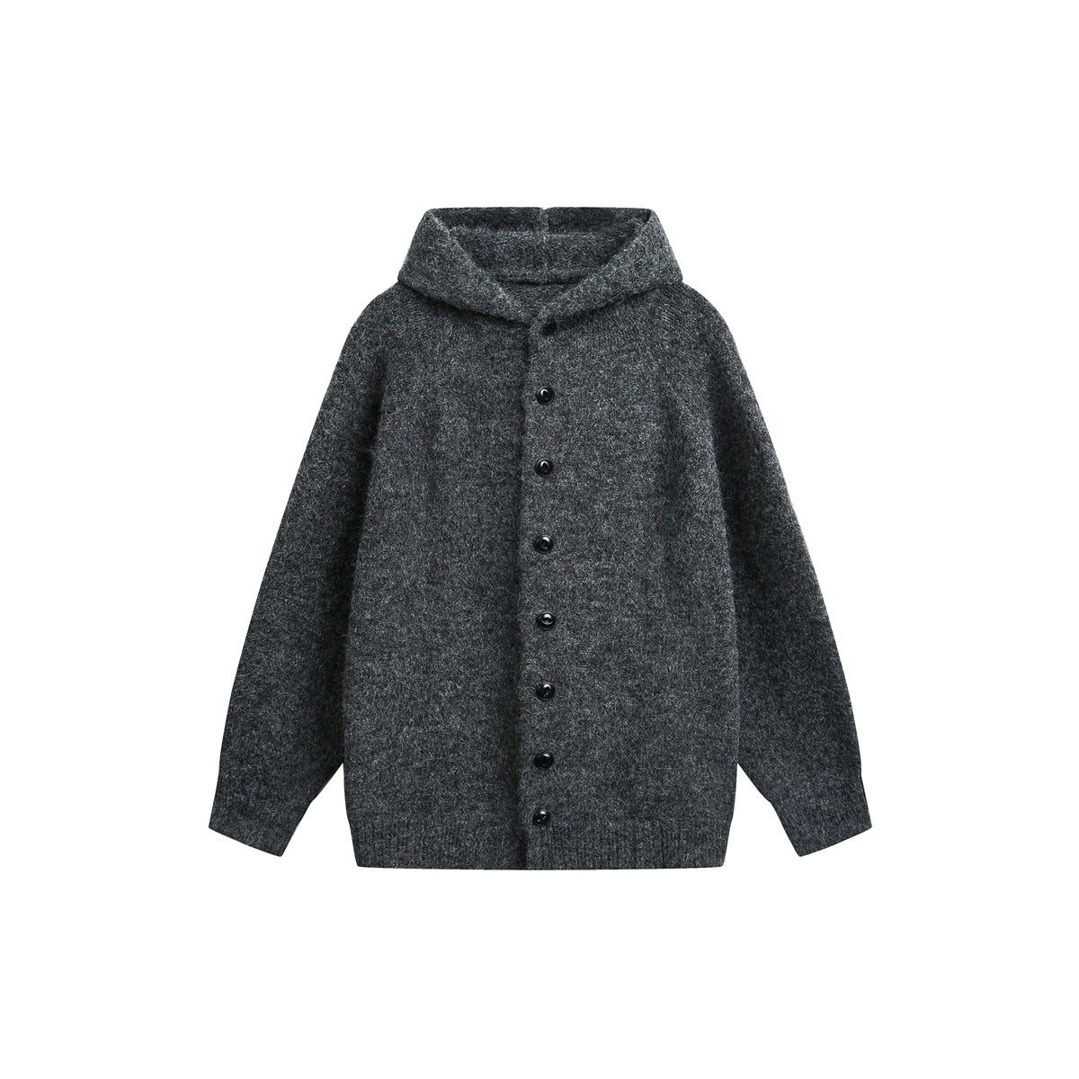Dark gray hooded knit button-front jacket with raglan sleeves and ribbed hem, flat front view