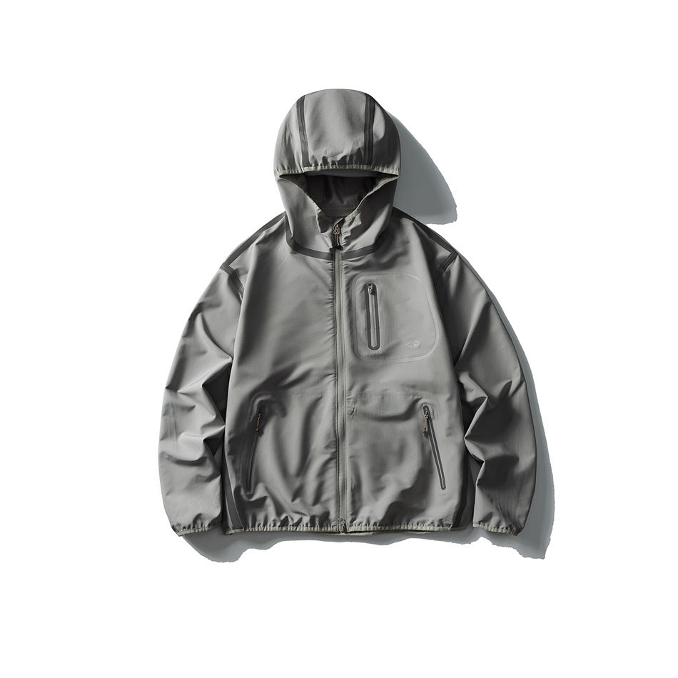 Light gray hooded zip jacket flat lay with tonal tape and zip chest pocket