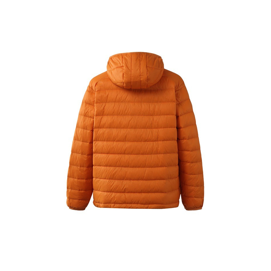Orange hooded puffer jacket shown from the back, with horizontal quilting and long sleeves.