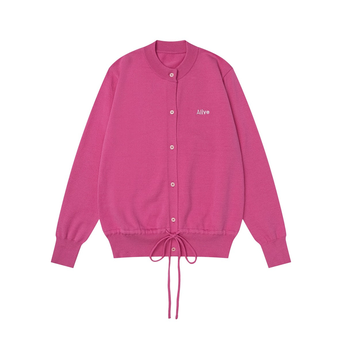 Pink knit cardigan flat lay, front view with buttons, small chest embroidery and drawstring tie at the hem