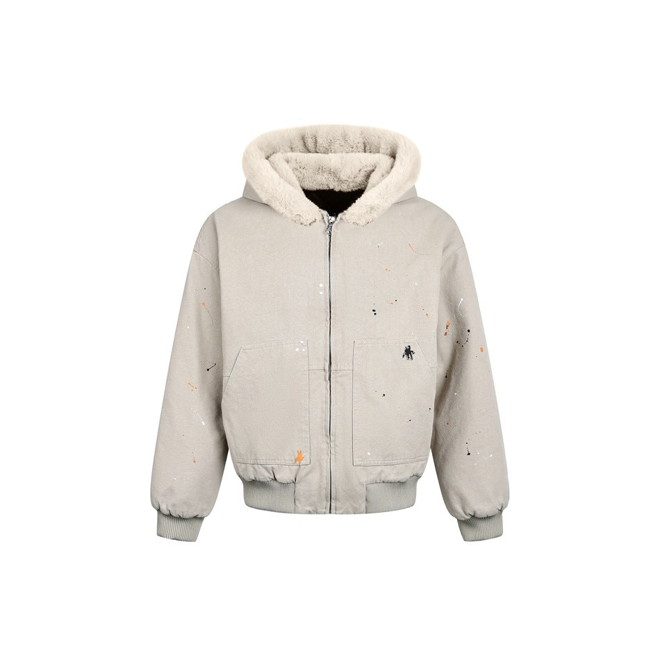 Light gray-beige hooded zip jacket with fluffy hood lining, patch pockets, ribbed hem and paint splatter details