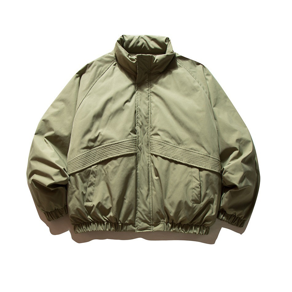 Bean green padded stand-collar jacket, front view, with chevron quilted panel, slanted pockets and elastic cuffs and hem