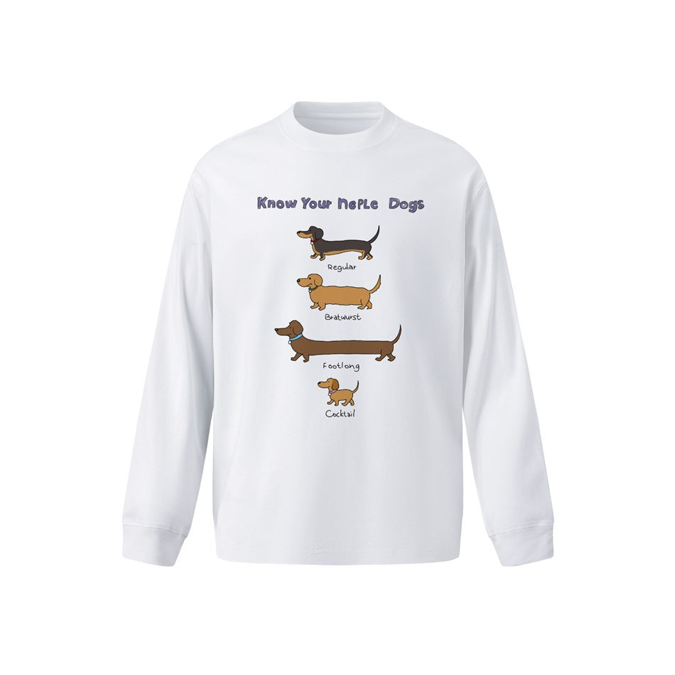 White long-sleeve crew-neck top with a front print of four cartoon dachshunds and the heading Know Your Neple Dogs