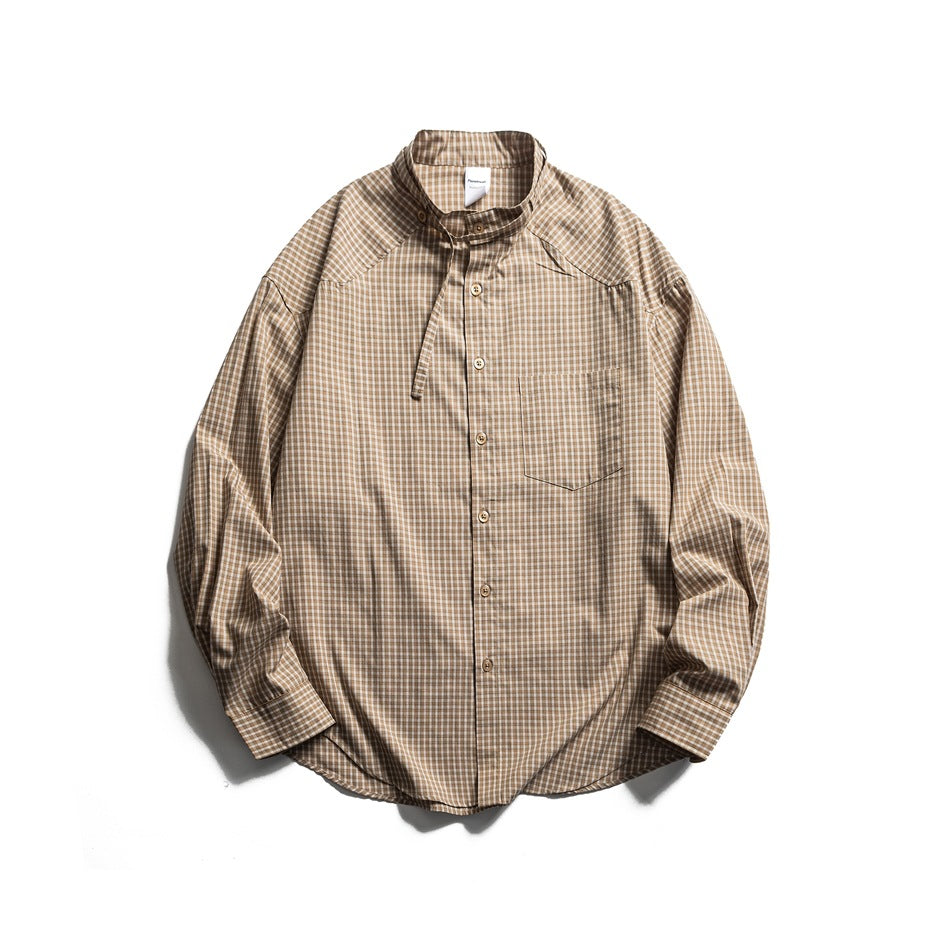 Yellow-khaki small-check plaid long-sleeve shirt with band collar, neck strap, chest pocket and button front, flat lay