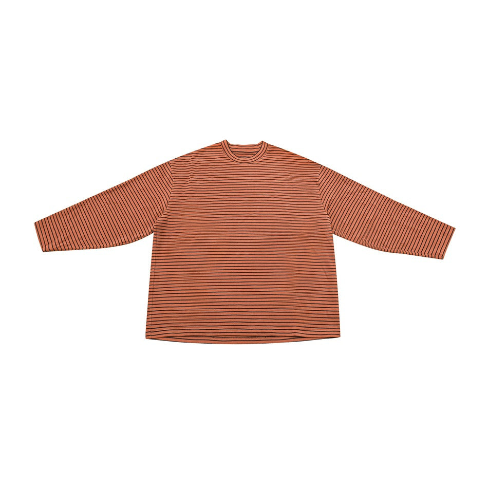 Orange long-sleeve crew neck top with thin dark horizontal stripes, laid flat, front view