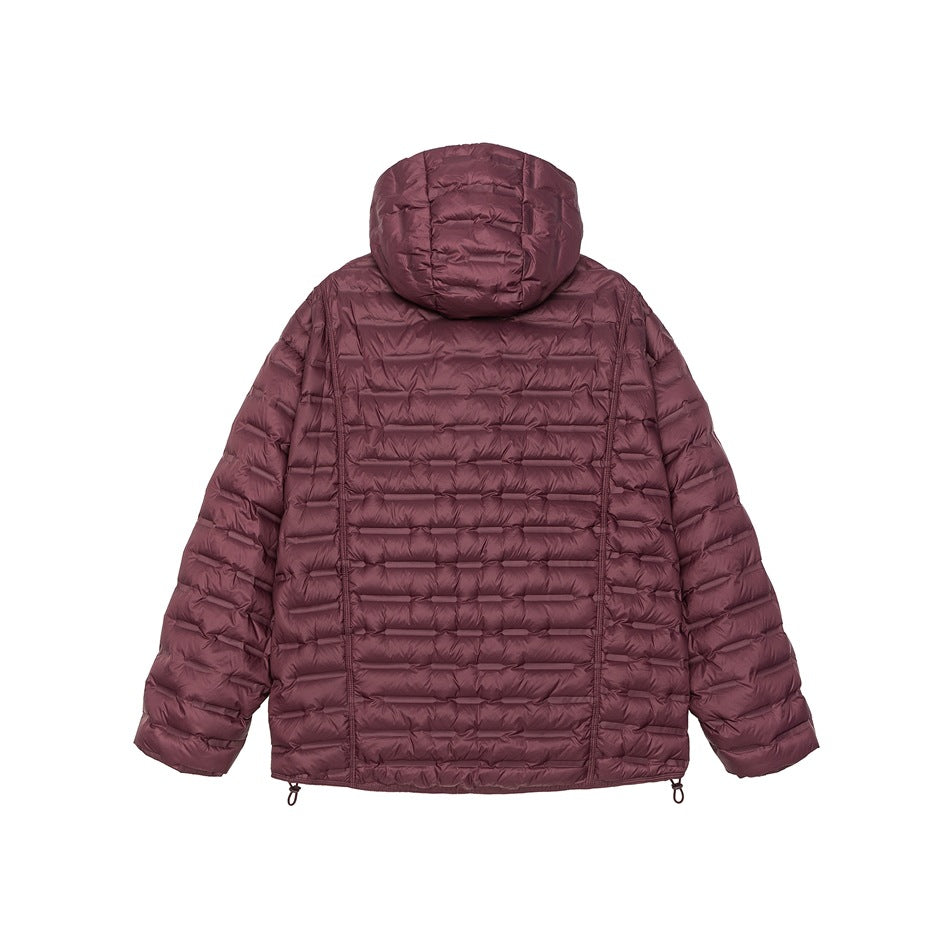 Back view of a plum hooded puffer jacket with horizontal quilting and adjustable hem cords on white.