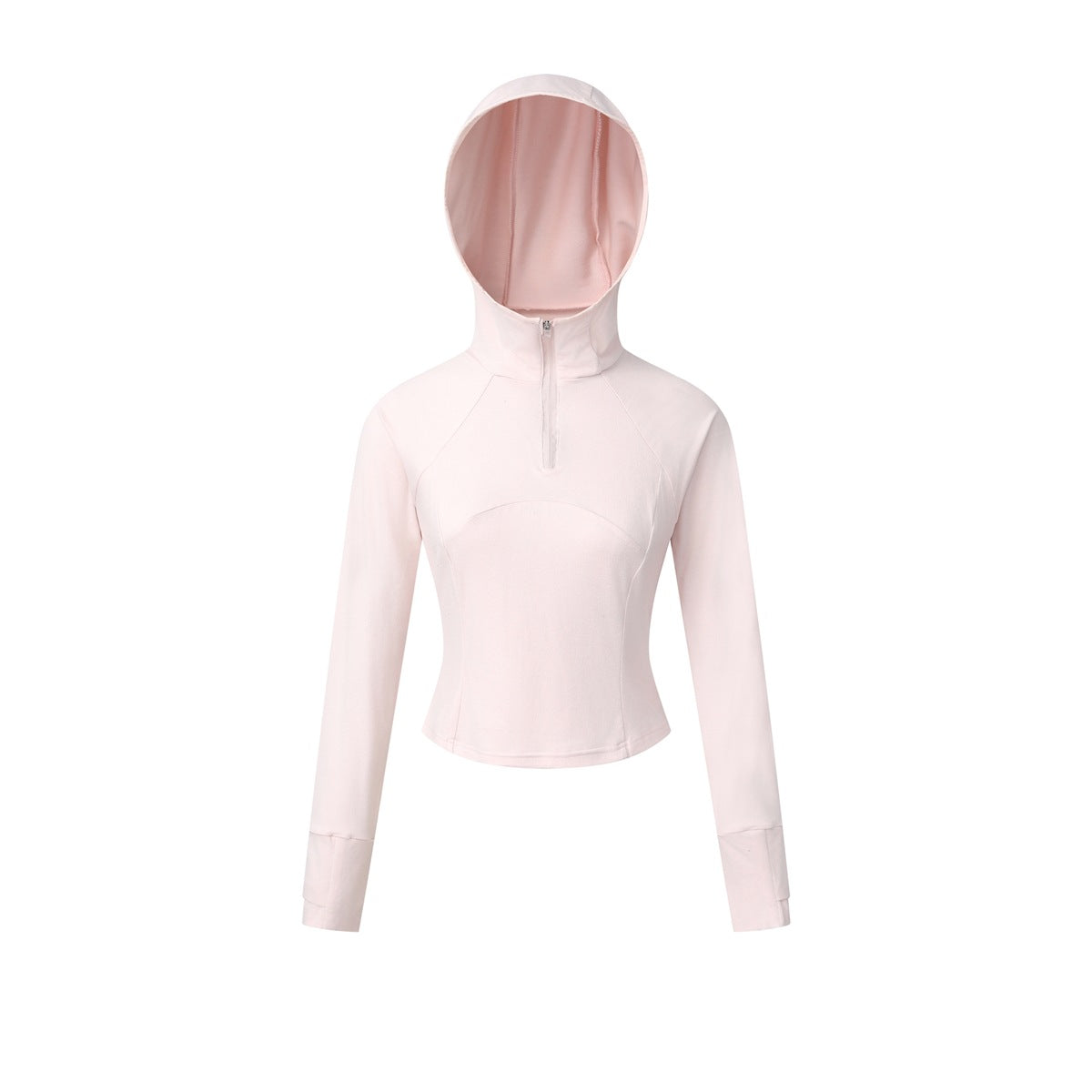 Light pink cropped fitted hooded jacket with half zipper, raglan sleeves and thumbhole cuffs, front flat view