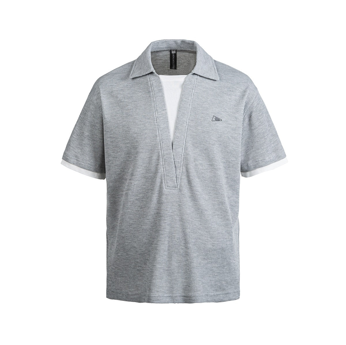 Gray waffle-knit short-sleeve polo with deep V neckline, white inset and white layered sleeve cuffs, front view