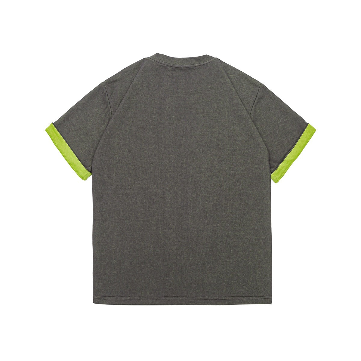 Back view of a charcoal short-sleeve crew-neck shirt with bright green sleeve trim.