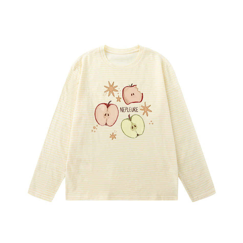 Yellow striped long-sleeve crew neck tee with apple halves and star print on the front, flat lay