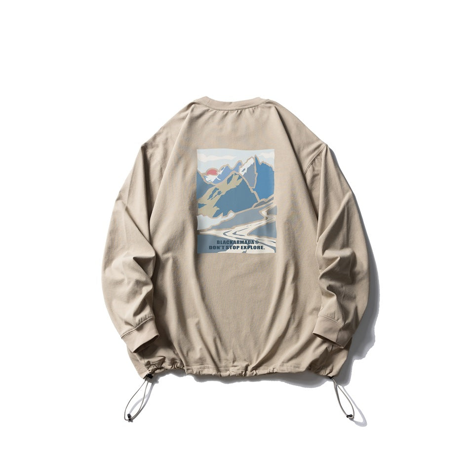 Light taupe long-sleeve crewneck pullover with an adjustable drawcord hem and a colorful mountain graphic printed on the