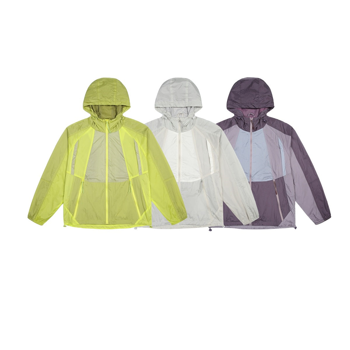 Three hooded color-block jackets shown from the front in lime green, light gray, and purple with pale blue.
