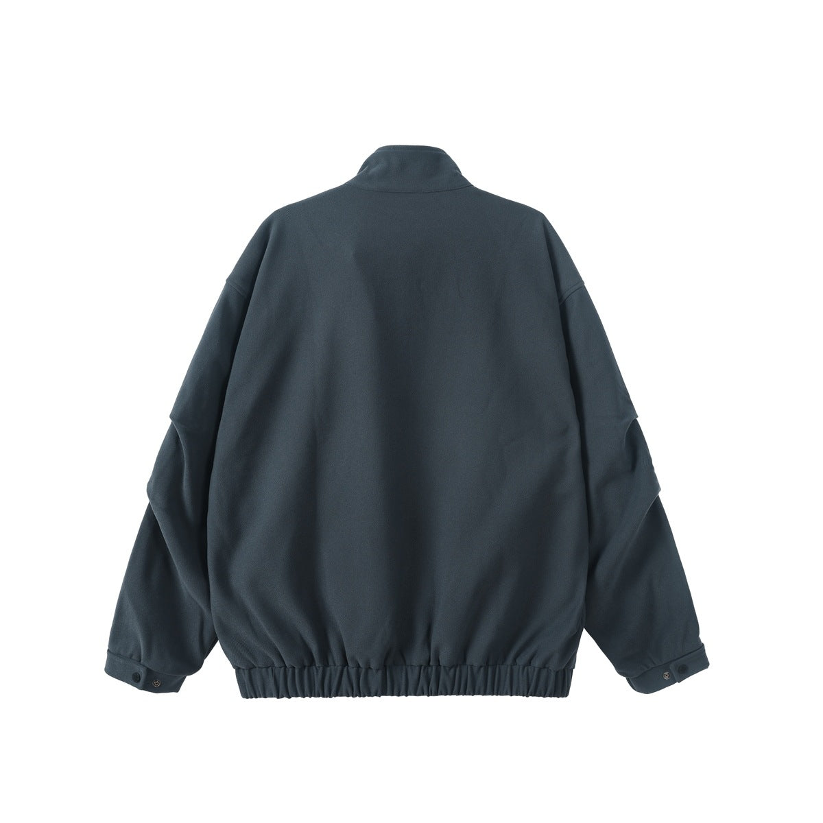 Back view of navy stand-collar jacket with elastic hem, sleeve panel detail and snap tabs at the cuffs, flat lay
