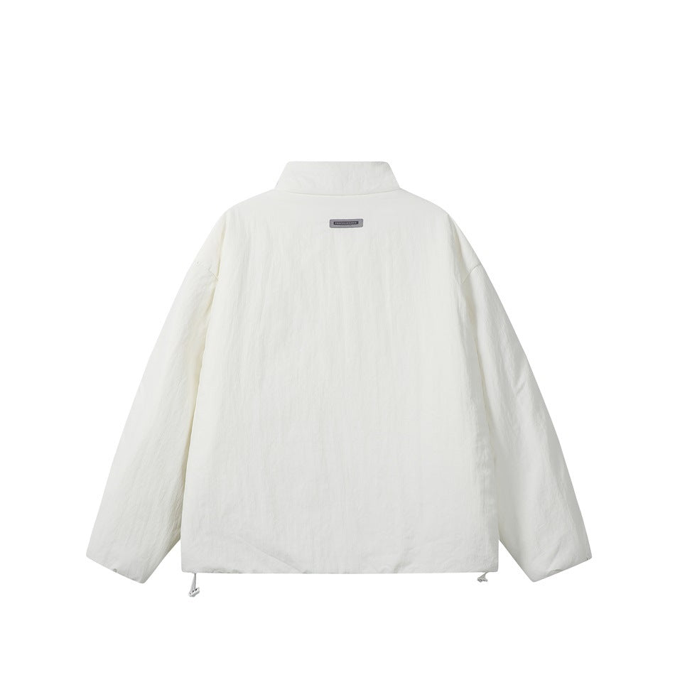 Back view of an off-white jacket with a raised collar, dropped shoulders, long sleeves, and adjustable hem cords.