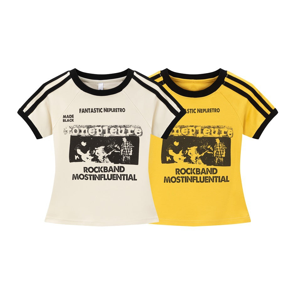 Two short-sleeve raglan T-shirts with black trim and rock band graphics, one cream and one yellow.