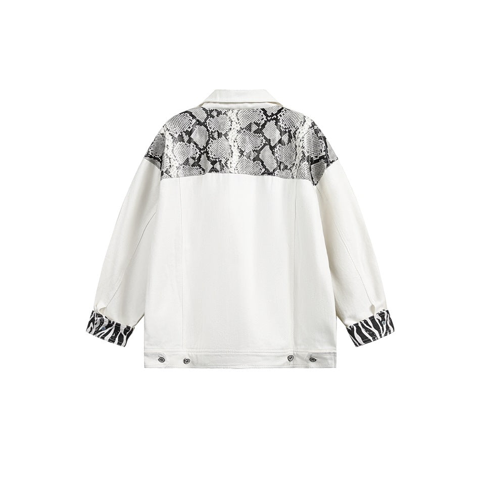 Back view of an off-white jacket with a snakeskin-print yoke and zebra-print turned-back cuffs.