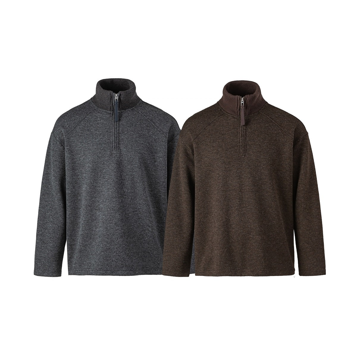 Two long-sleeve quarter-zip sweaters with ribbed stand collars, shown in charcoal gray and brown.