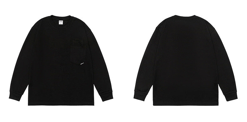 Front and back flat views of a black long-sleeve crewneck shirt with a chest pocket.