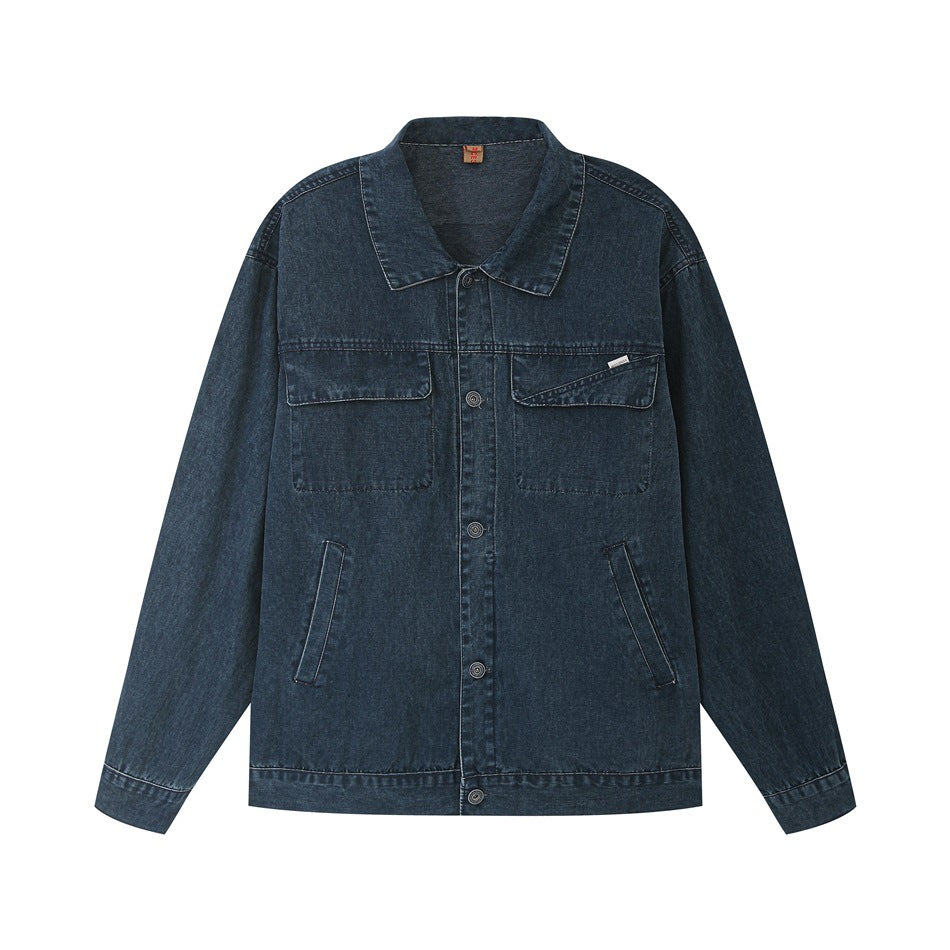 Navy washed denim jacket flat lay front view with collar, chest flap pockets and button front