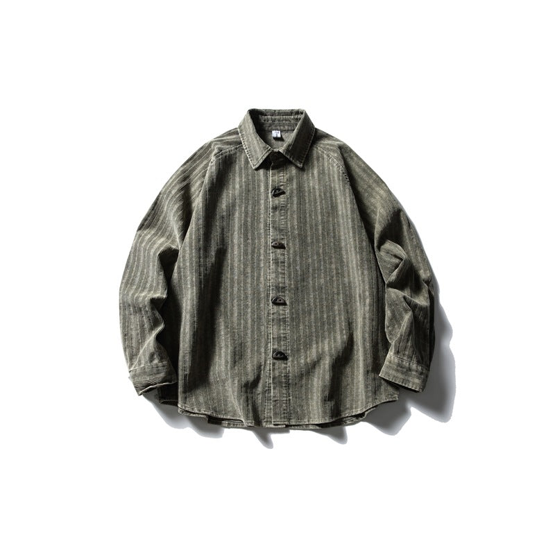 Olive green vertical-striped long-sleeve button-up shirt laid flat, front view