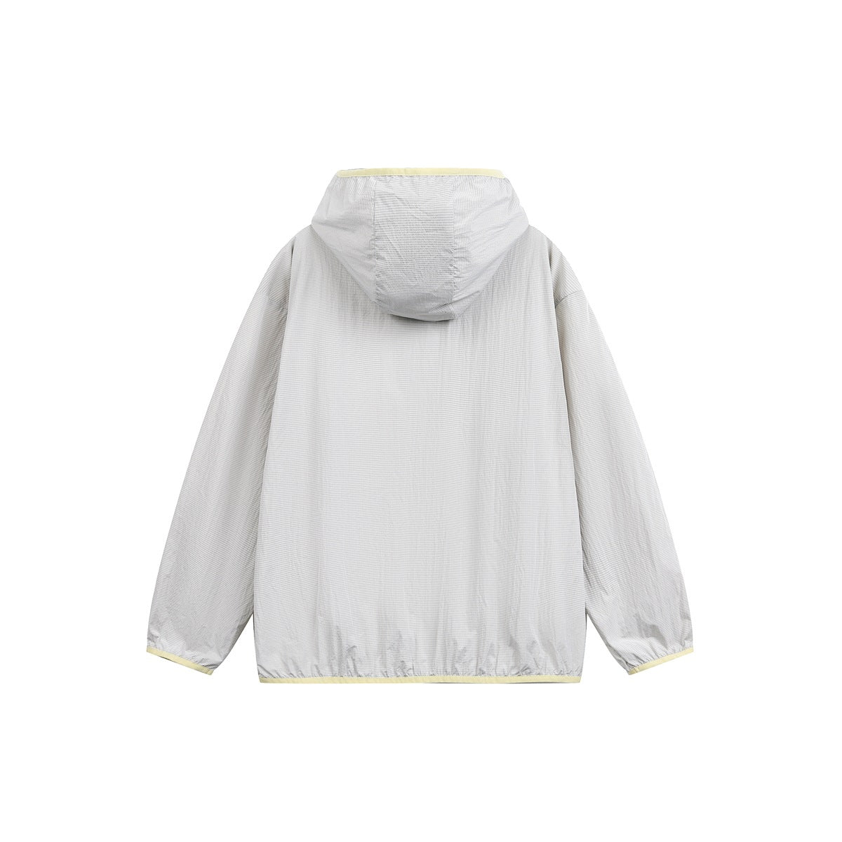 Back view of a light gray finely striped hooded jacket with pale yellow trim at the cuffs and hem.