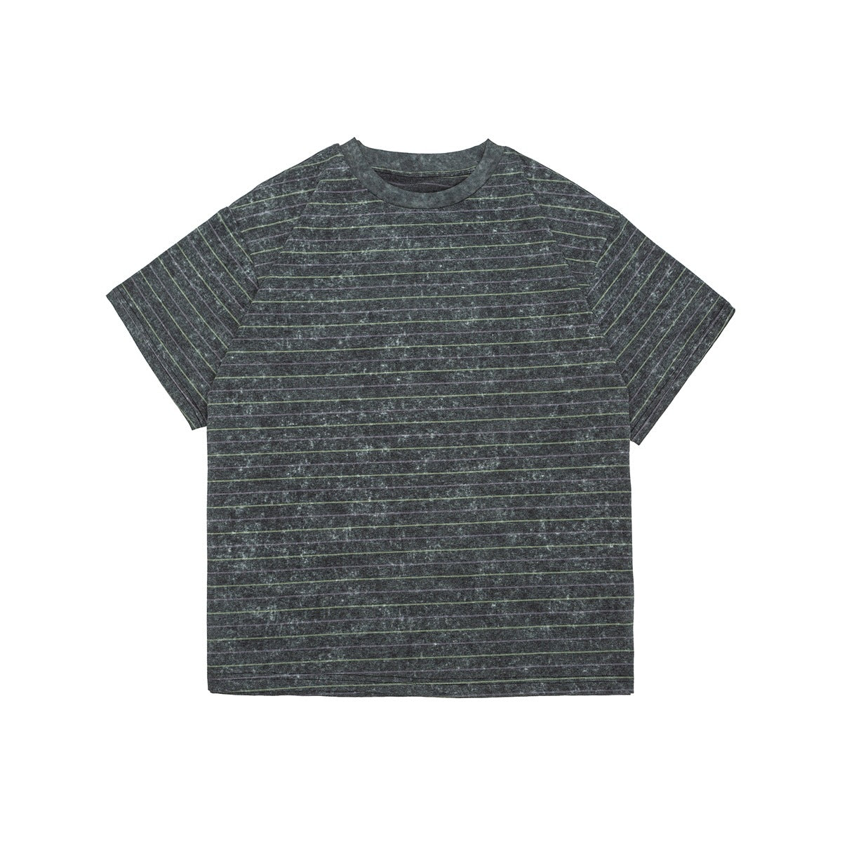 Charcoal gray washed short-sleeve crewneck T-shirt with thin light green horizontal stripes, flat front view