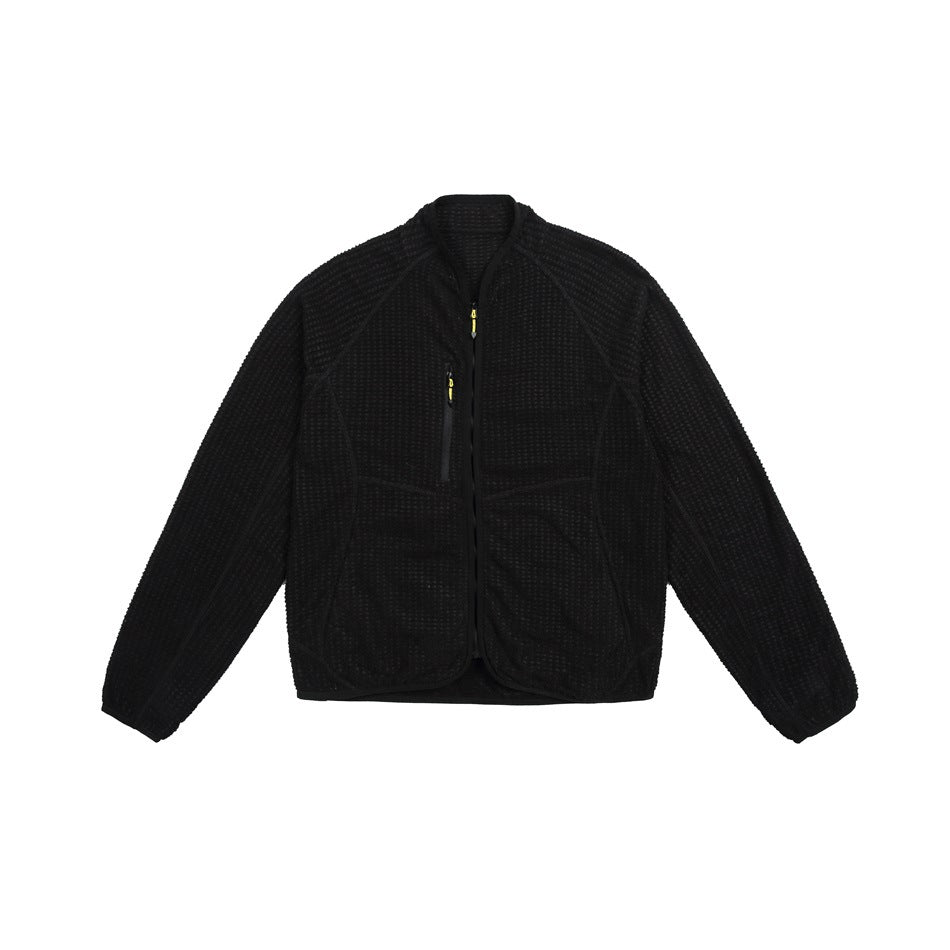 Black textured fleece-style zip jacket with raglan sleeves, chest zip pocket and yellow zipper pull, flat front view