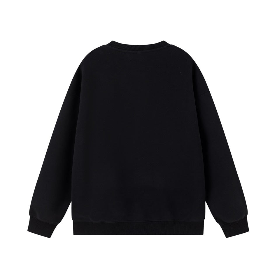 Plain black crew-neck sweatshirt back view with ribbed collar, cuffs and hem