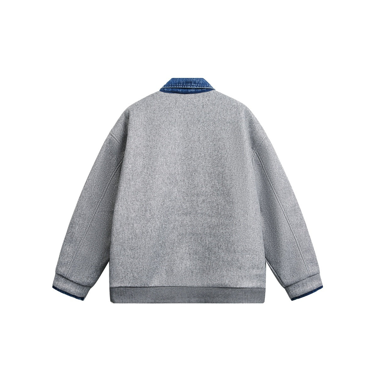 Back view of a light gray jacket with a blue denim collar, long sleeves and ribbed hem.