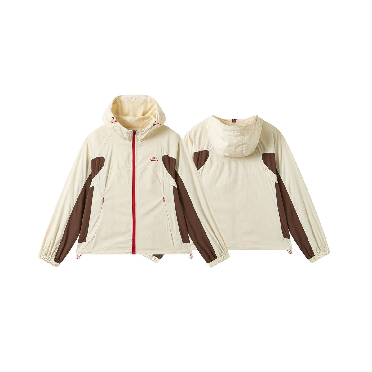 Cream hooded jacket with brown panels and red zipper, shown from the front and back.