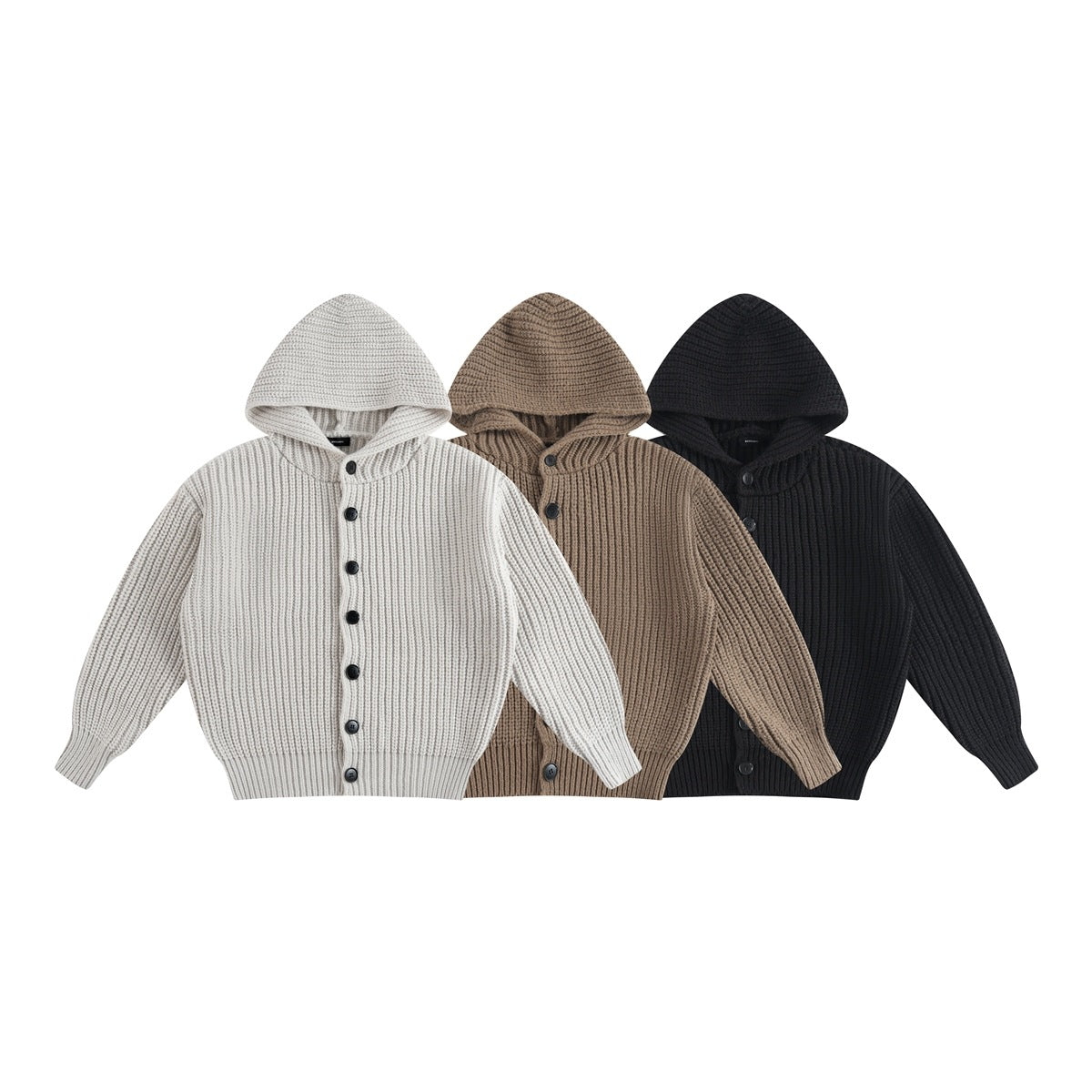 Three rib-knit hooded cardigans with button fronts shown in off-white, brown and black.