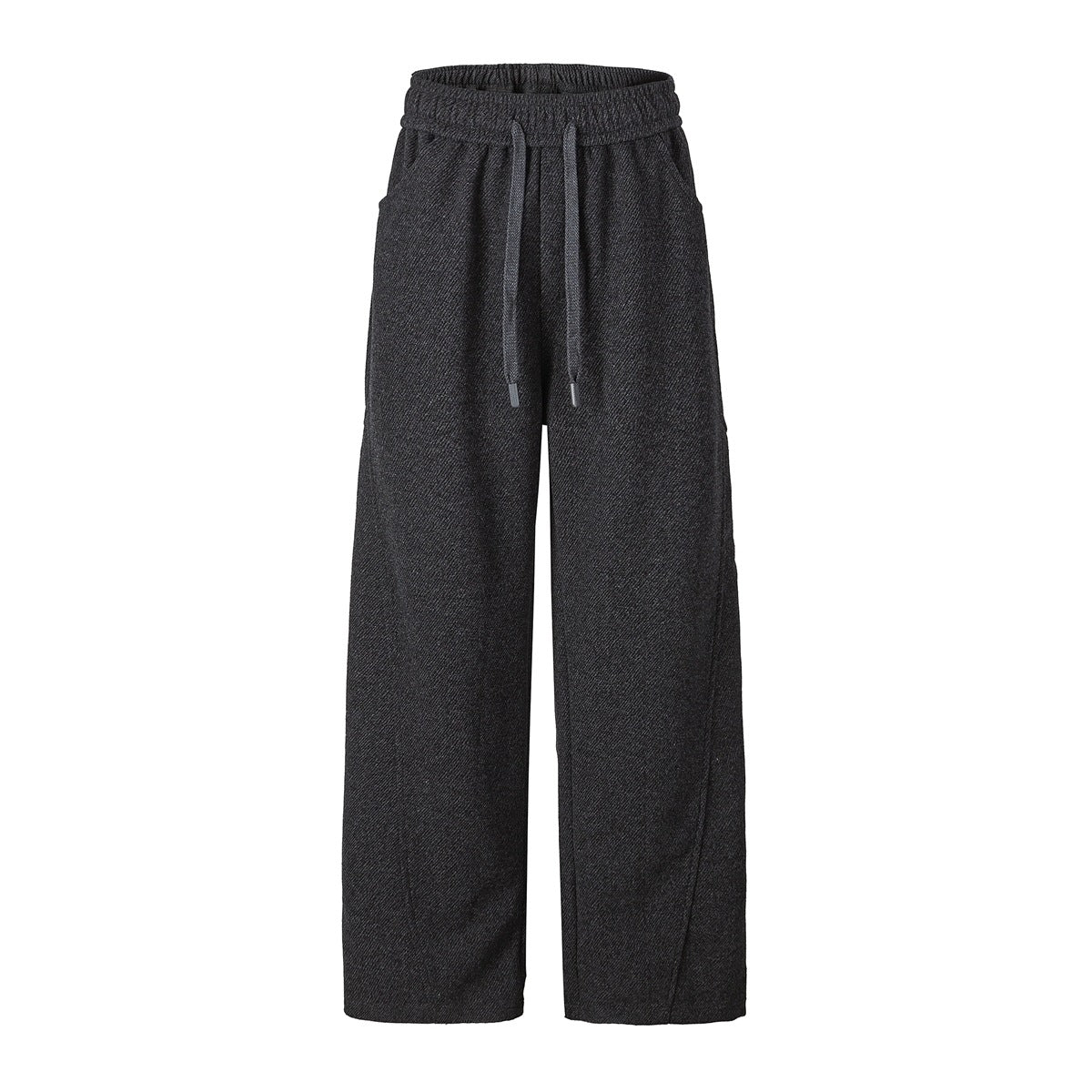 Dark gray wide-leg drawstring pants with elastic waist and textured twill fabric, front flat view