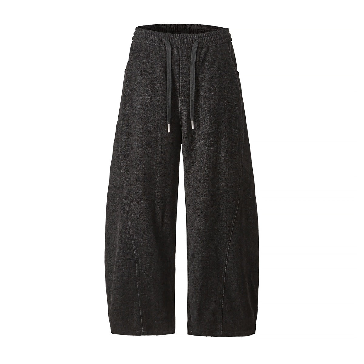 Black wide-leg drawstring pants with elastic waist and curved leg seams, flat front view