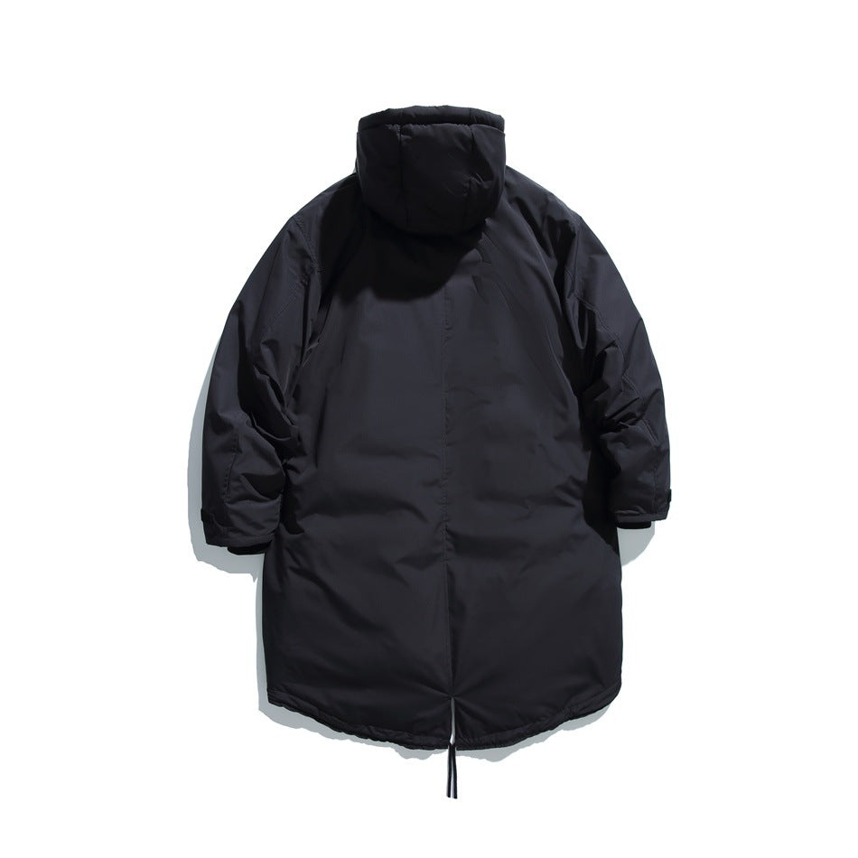 Black long hooded jacket, back view with center vent and drawcord tails at the curved hem