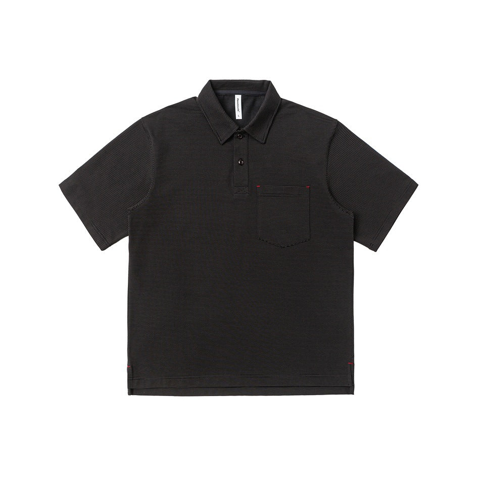 Gray-black fine-striped short-sleeve polo shirt with chest pocket and red stitching, flat front view