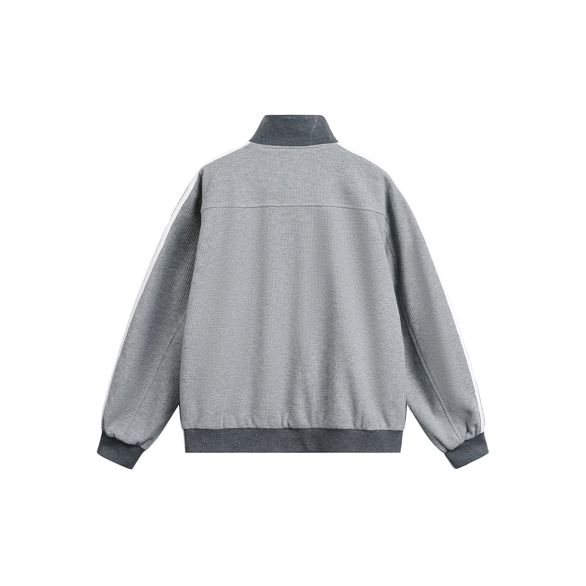 Back view of a gray zip-up track jacket with white sleeve stripes and dark ribbed collar, cuffs, and hem.