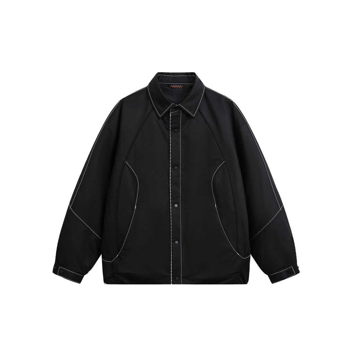 Front view of a black collared jacket with snap closure, curved front pockets and contrast stitching.