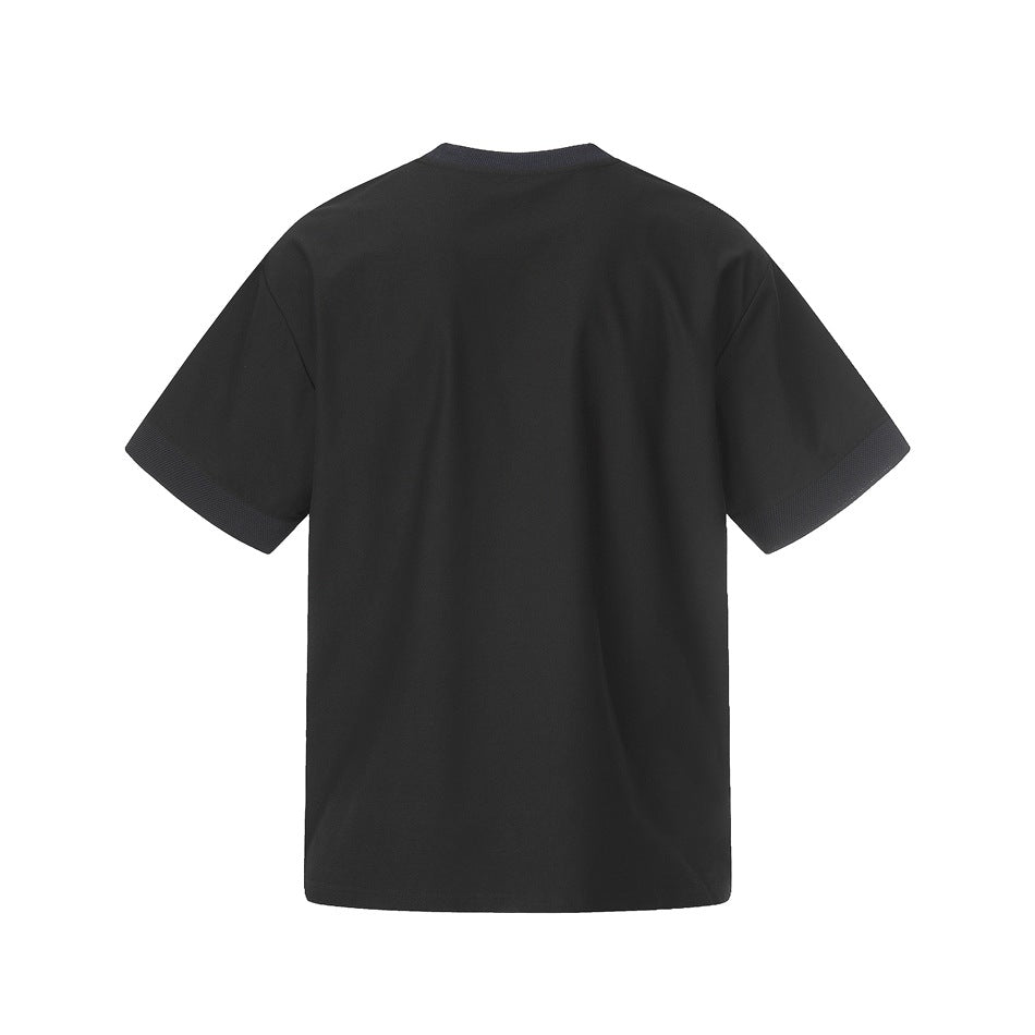 Back view of a plain black short-sleeve T-shirt with a dark ribbed crew neck and sleeve cuffs.