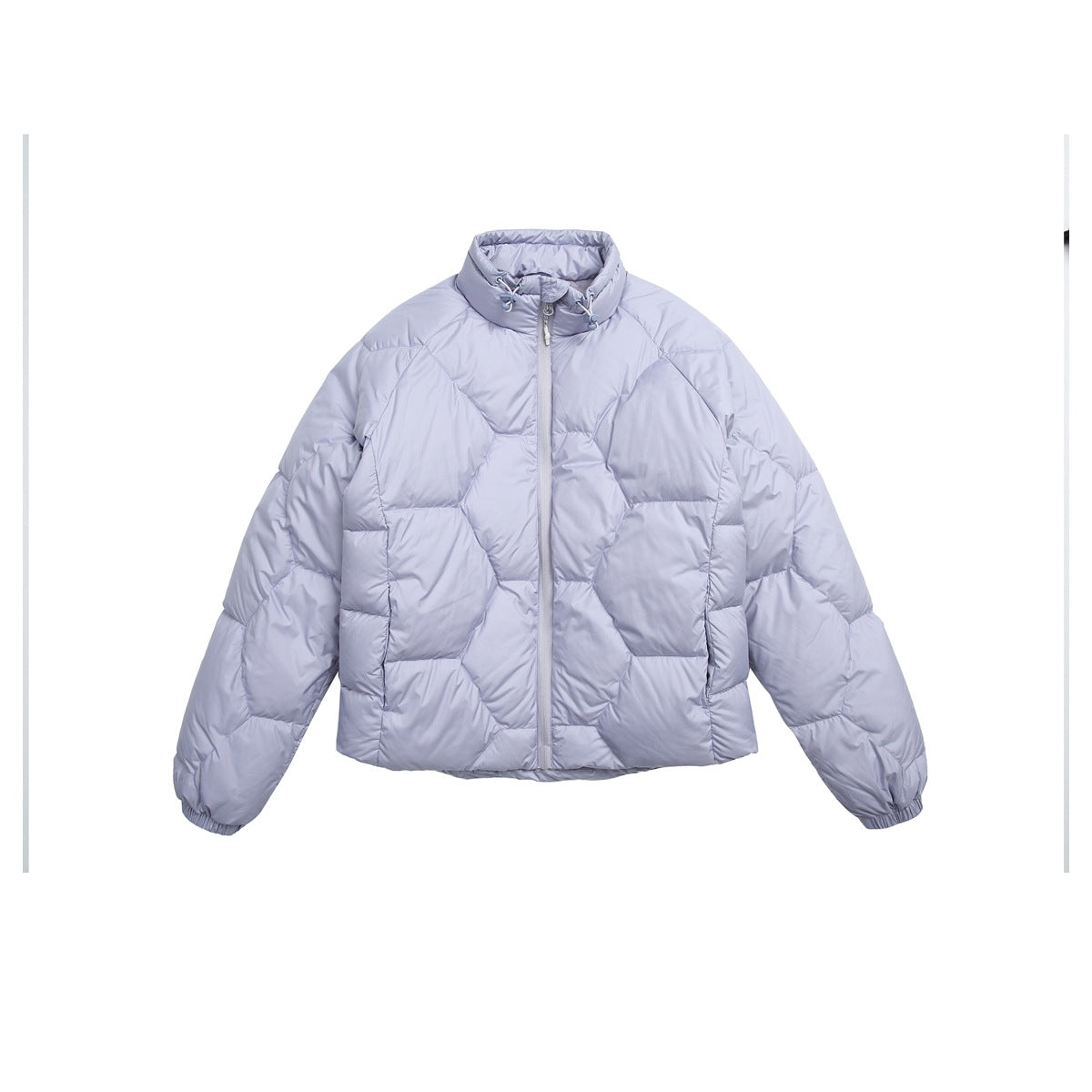 Lavender purple quilted puffer jacket with stand collar and front zip, flat lay front view