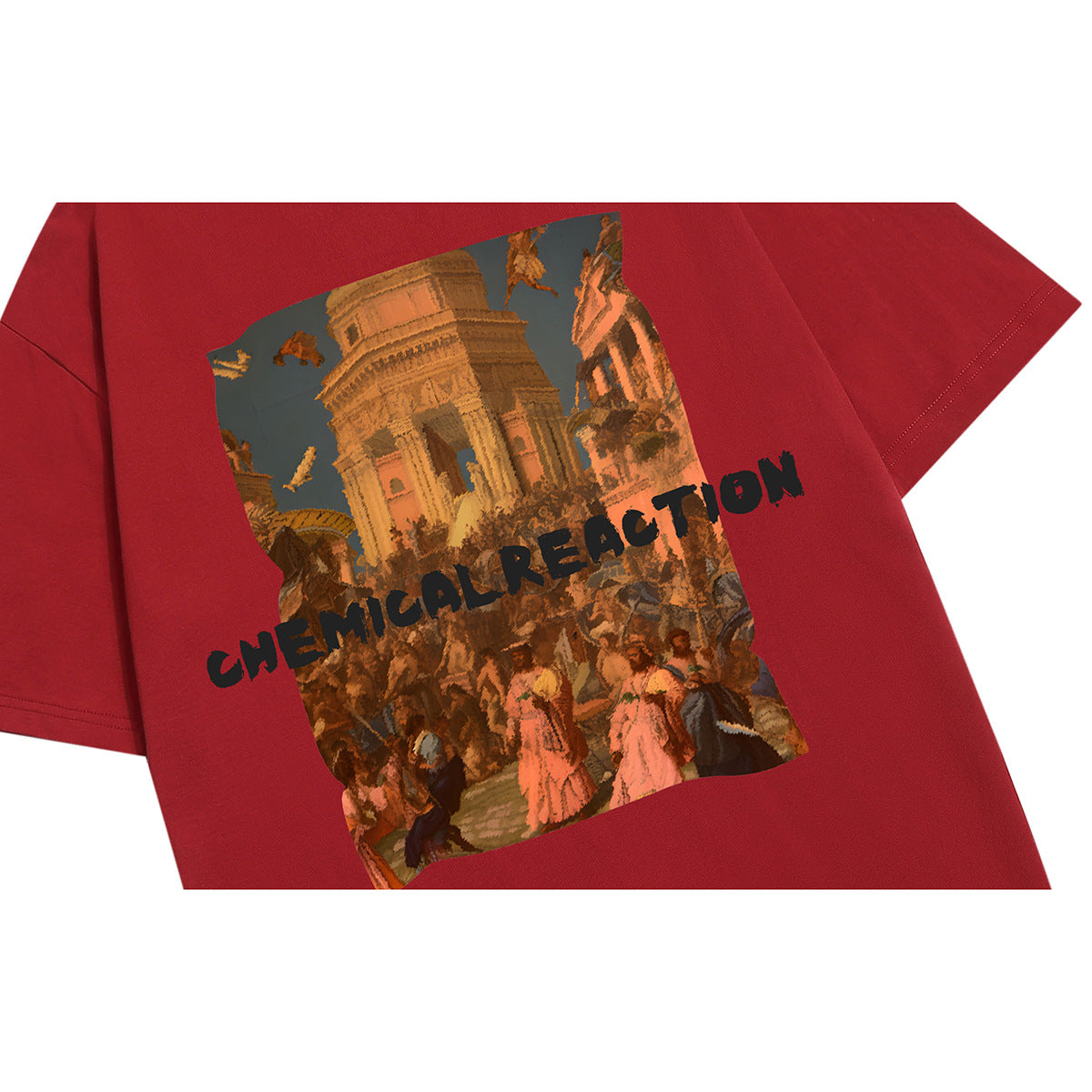 Close-up of a red T-shirt with a printed classical city scene and black “Chemical Reaction” lettering.