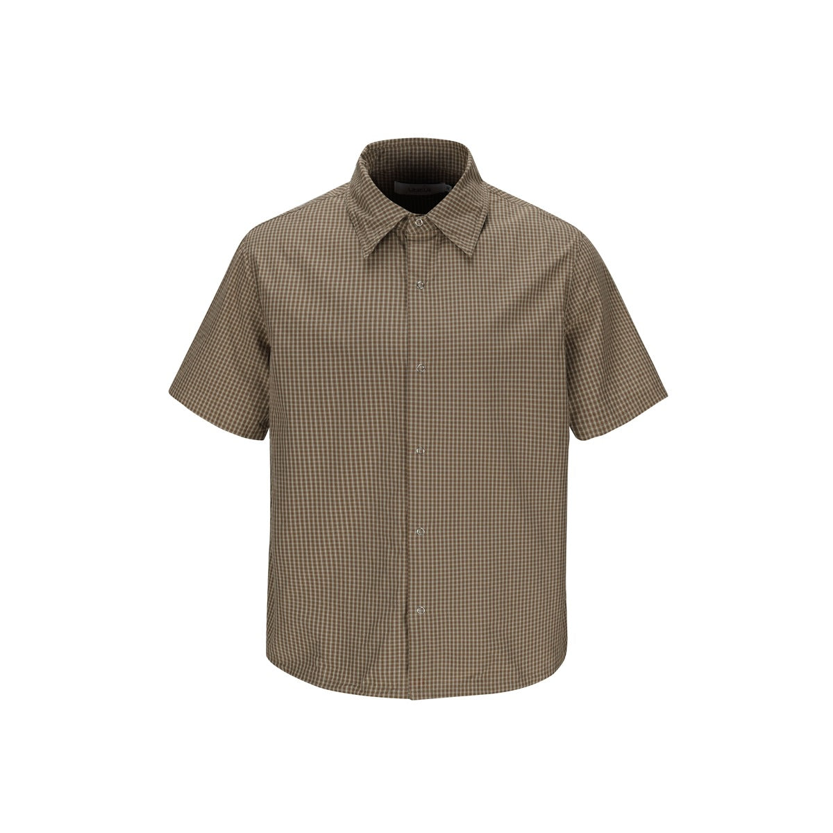 Brown small-check short-sleeve shirt with pointed collar and snap front, flat front view
