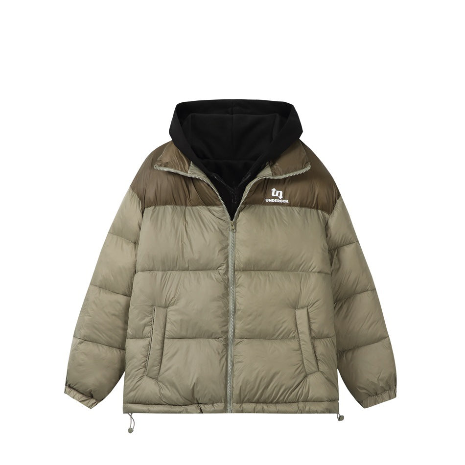 Light army green puffer jacket with olive-brown shoulder yoke, black fleece-like hood and front zipper, flat front view