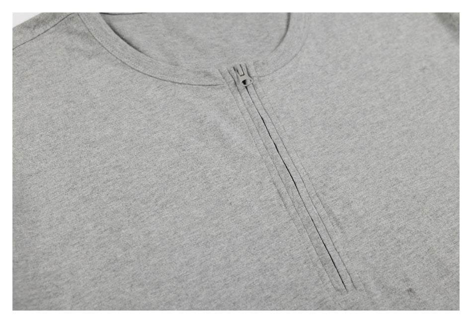 Close-up of the short front zipper and neckline on a heather gray shirt.