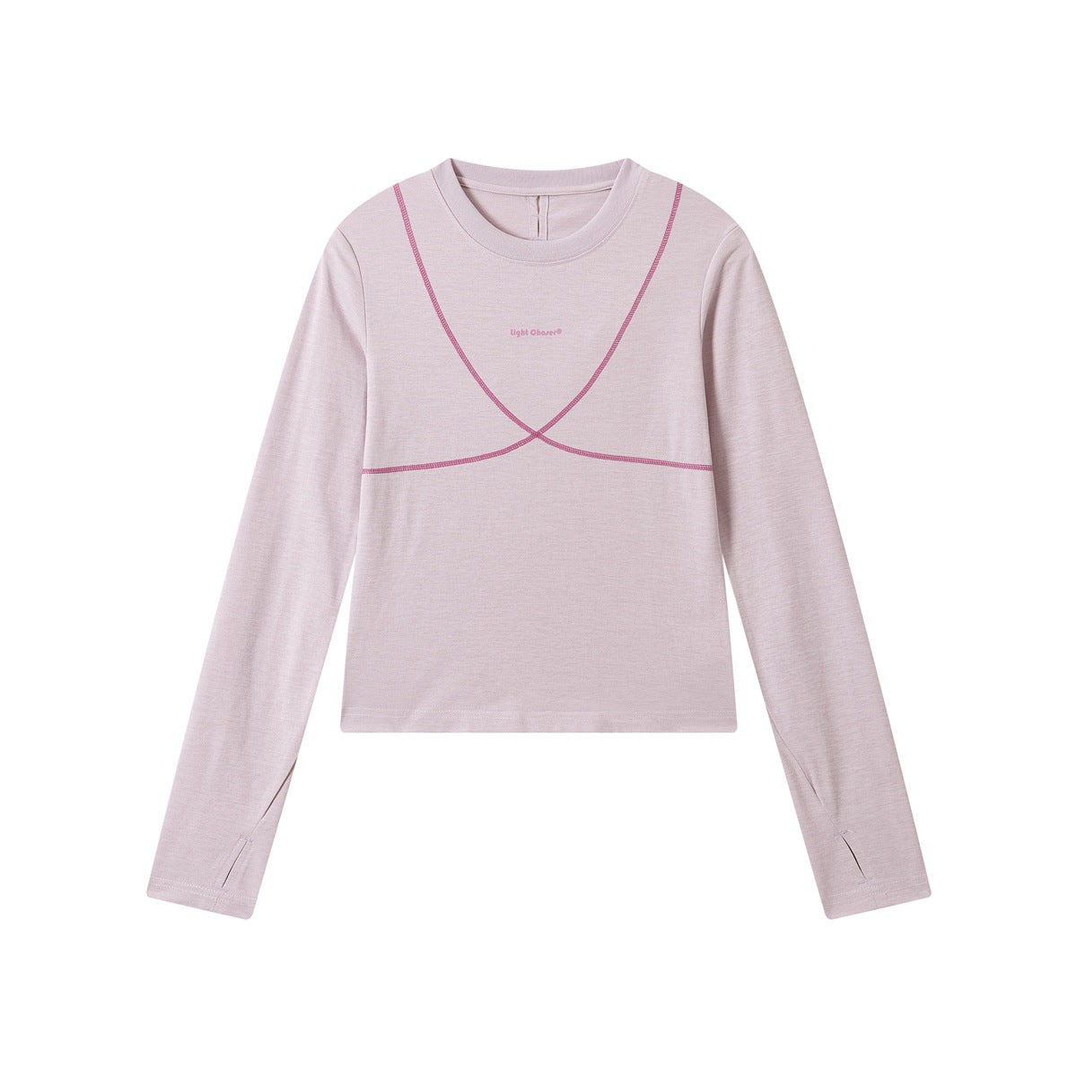 Light pink long-sleeve crew-neck top, front view, with magenta X-shaped contrast stitching and thumbhole cuffs